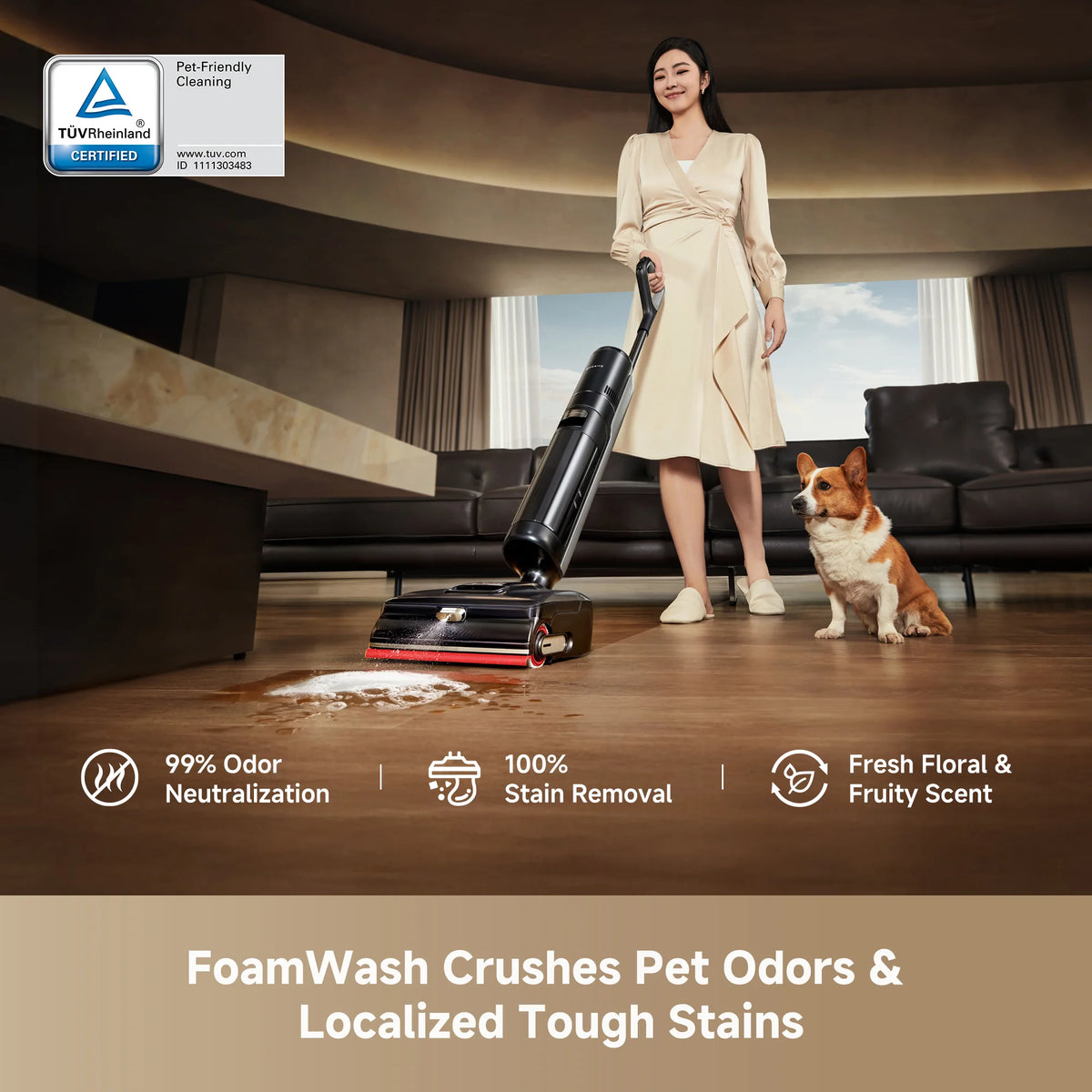 Wet dry foam wash vacuum with floor brush attachment, shown with pet mess cleanup kit