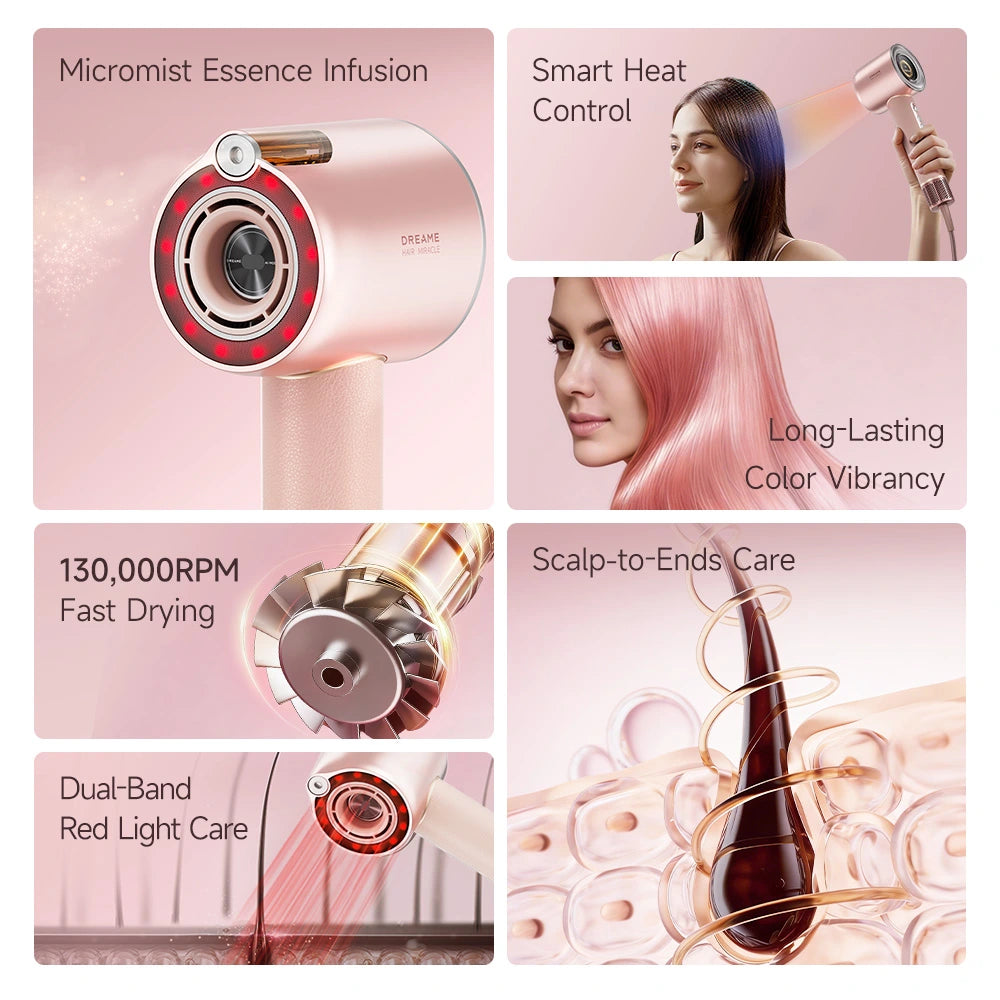 Rose-gold hair dryer head with circular intake grille, glowing ring, and control buttons