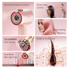 Rose-gold hair dryer head with circular intake grille, glowing ring, and control buttons