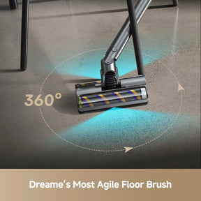 Dreame cordless vacuum floor brush angled on the floor for corner cleaning