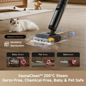 Steam wet dry vacuum cleaning a hardwood floor near a cat and scattered toys