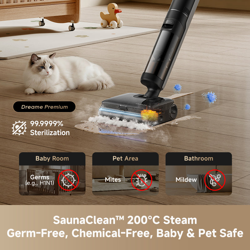 Steam wet dry vacuum cleaning a hardwood floor near a cat and scattered toys