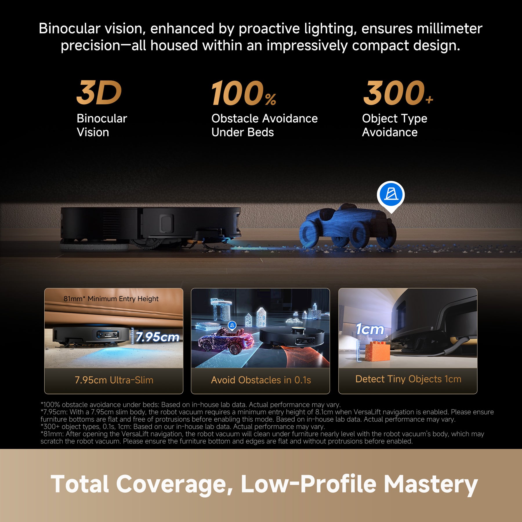 Dreame X60 Ultra diagram showing binocular vision, obstacle avoidance, and slim entry