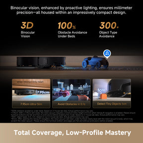 Dreame X60 Ultra diagram showing binocular vision, obstacle avoidance, and slim entry