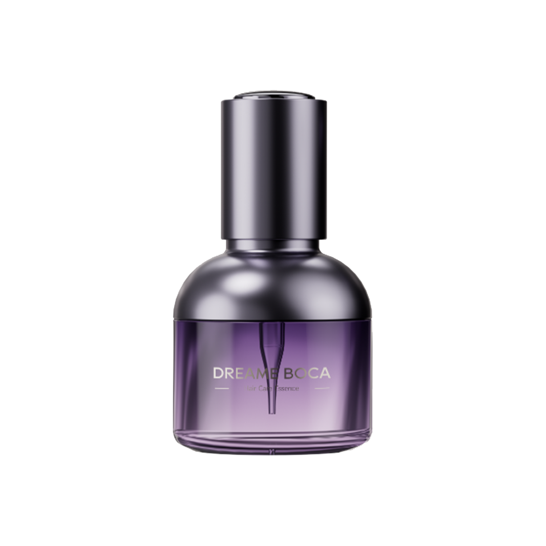 Dreame Boca hair care essence bottle, dark purple with silver pump cap