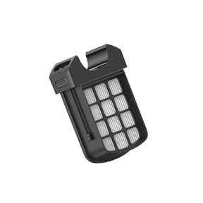 Motorized brush head with white filter inserts and dark grey housing