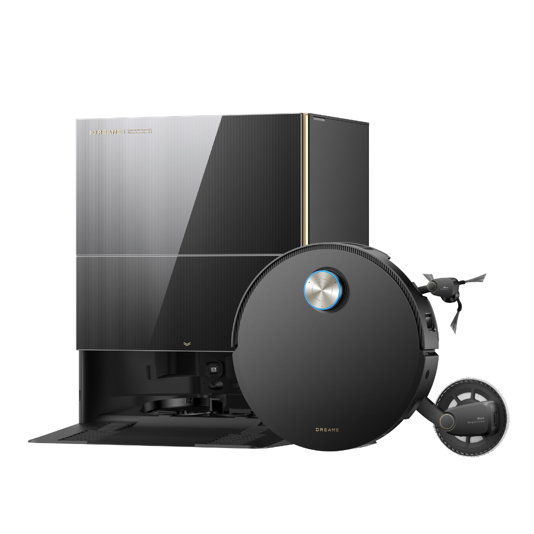 Robot vacuum dock with black base and a circular robot vacuum positioned in front