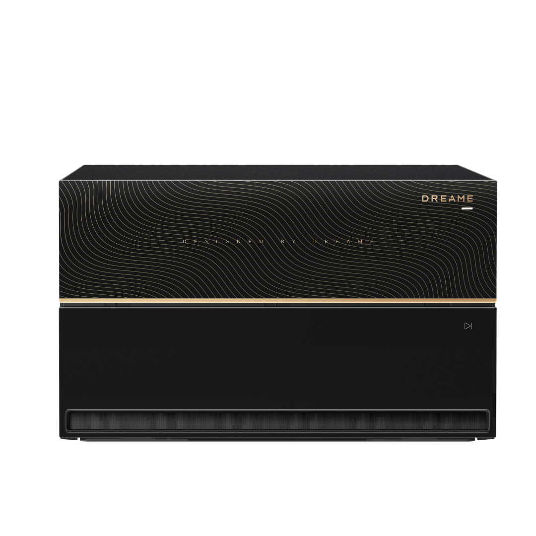 Black robot vacuum docking station with front panel and vented opening