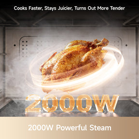 Microwave steam oven with roasted chicken in the stainless cooking cavity