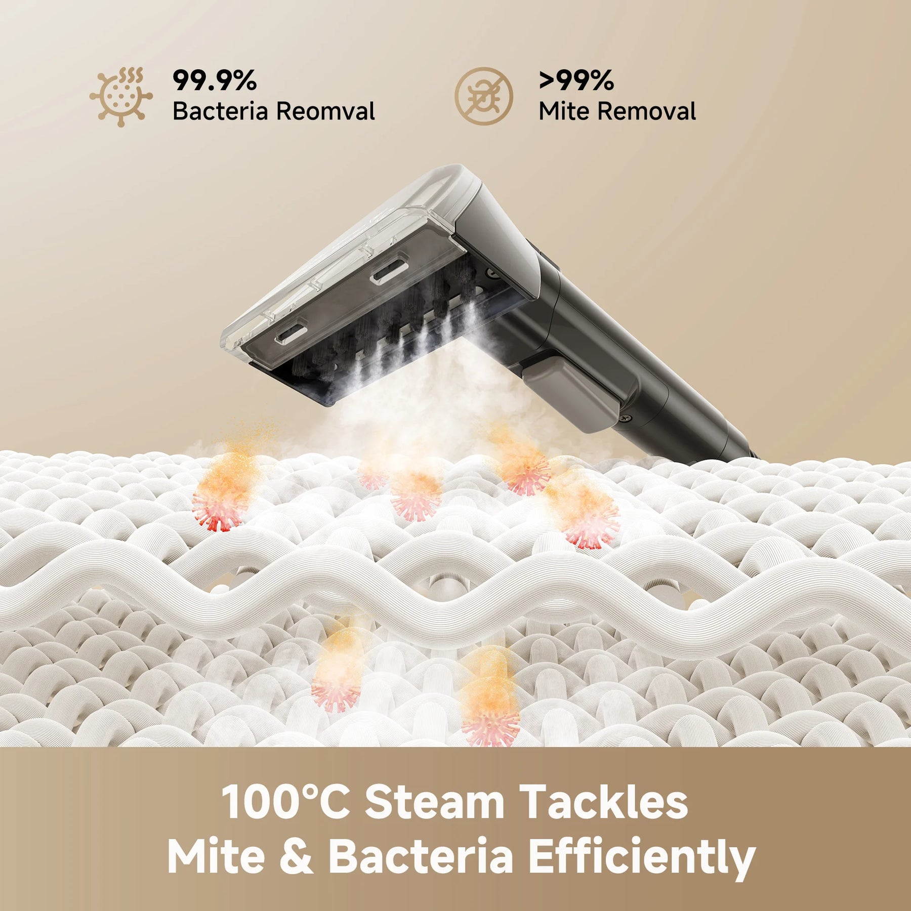 Steam spot cleaner nozzle releasing steam on a mattress surface