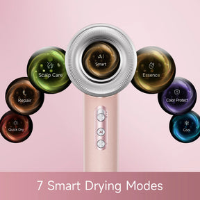 Rose-gold hair dryer with large oval outlet, visible mode dial, and two control buttons