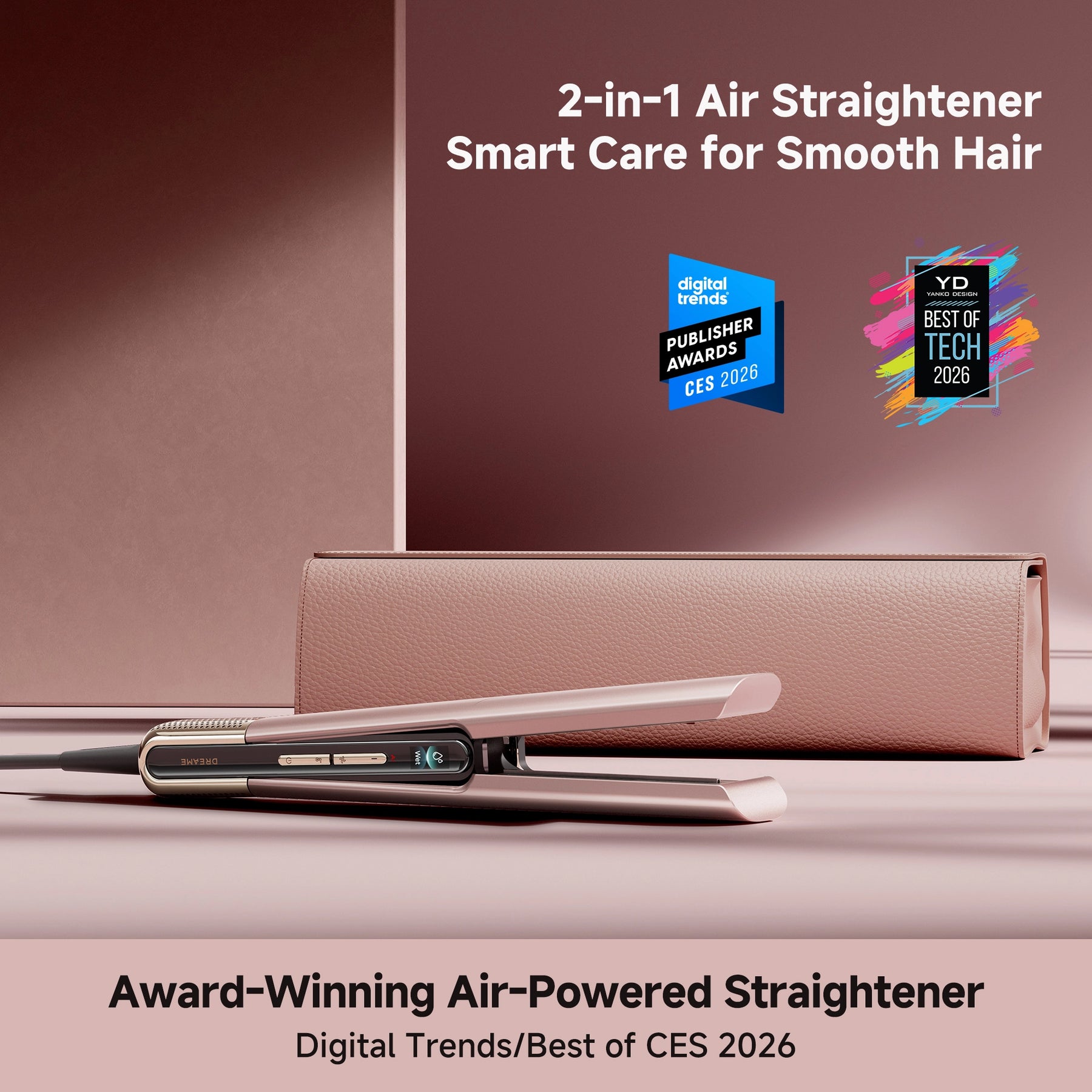 2-in-1 air straightener in slim case, rose-gold body and plates visible