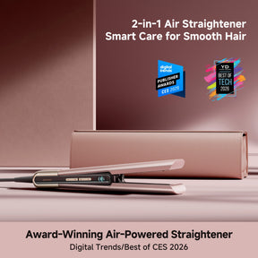 2-in-1 air straightener in slim case, rose-gold body and plates visible