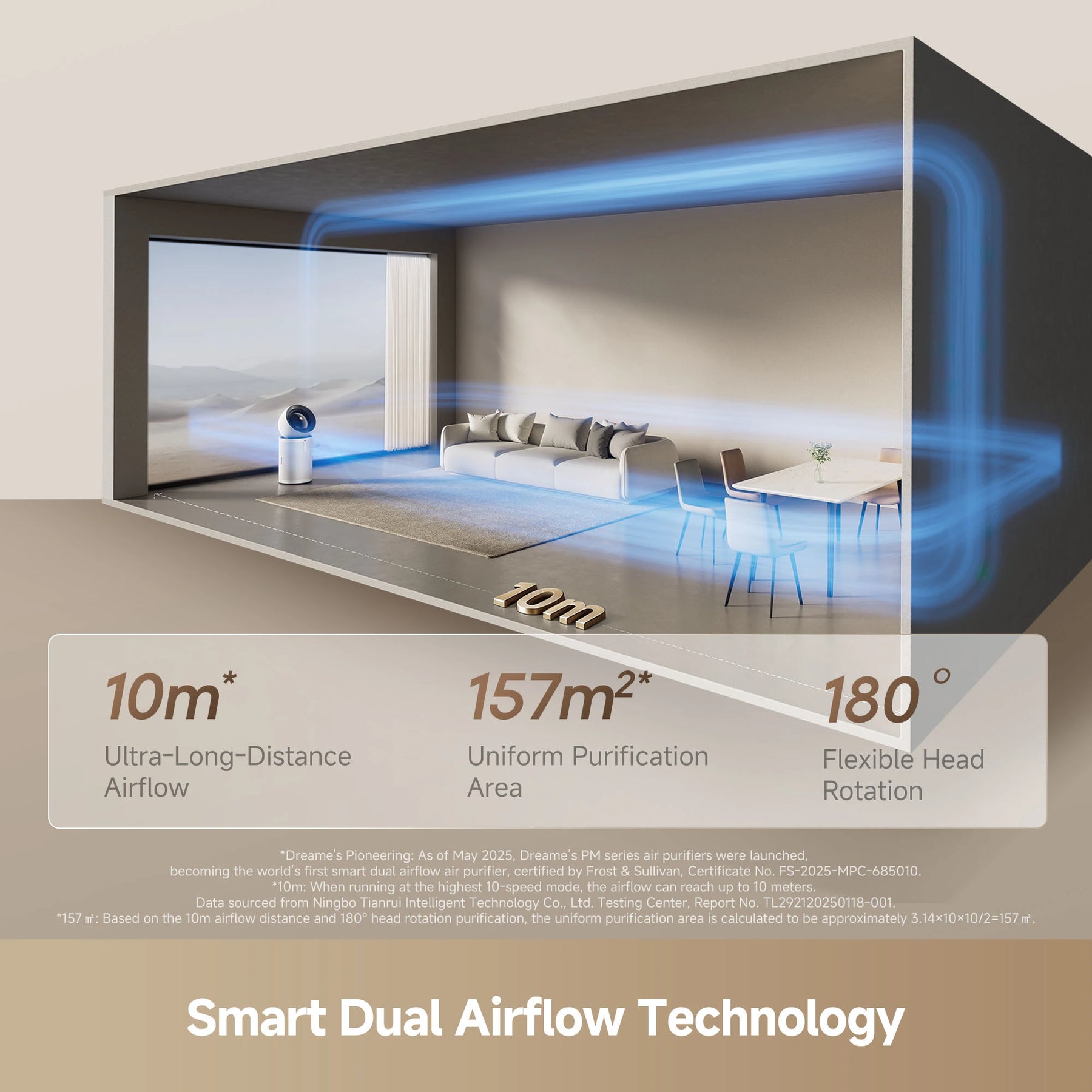 White air purifier with dark circular inlet, placed inside a large open room with airflow.