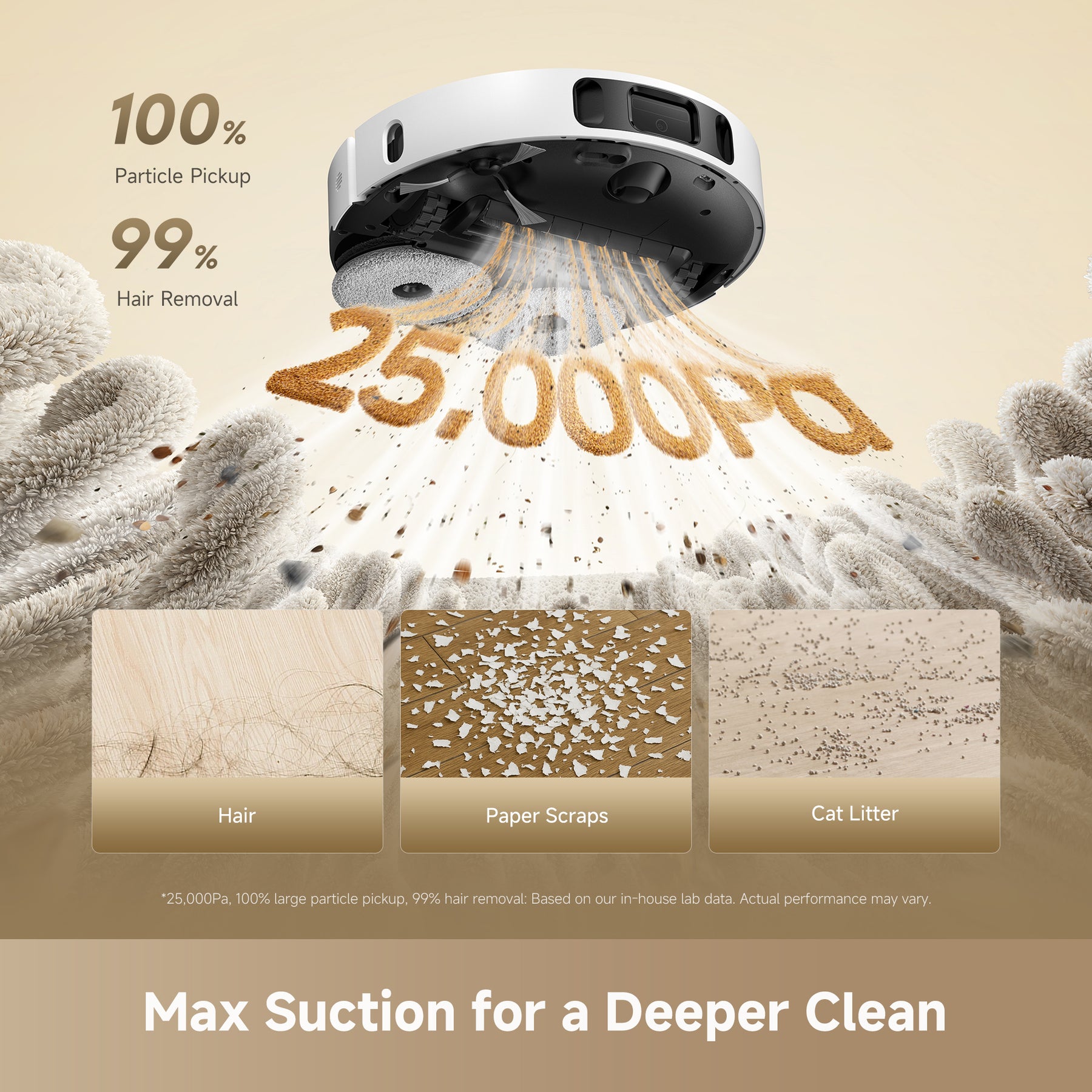 Robot vacuum suction head on a light carpet with debris collection