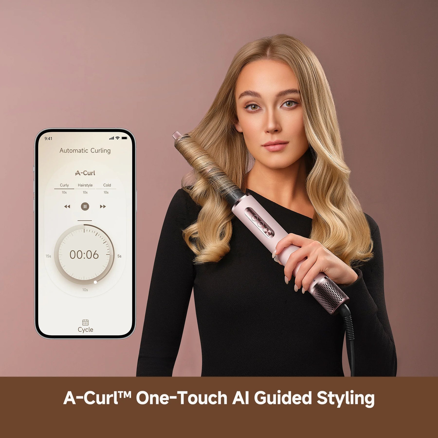 Rose-gold hair styler in use held near blonde hair, with phone app display