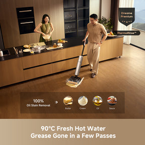 Dreame H16 Pro wet dry vacuum in kitchen, standing handle with floor nozzle