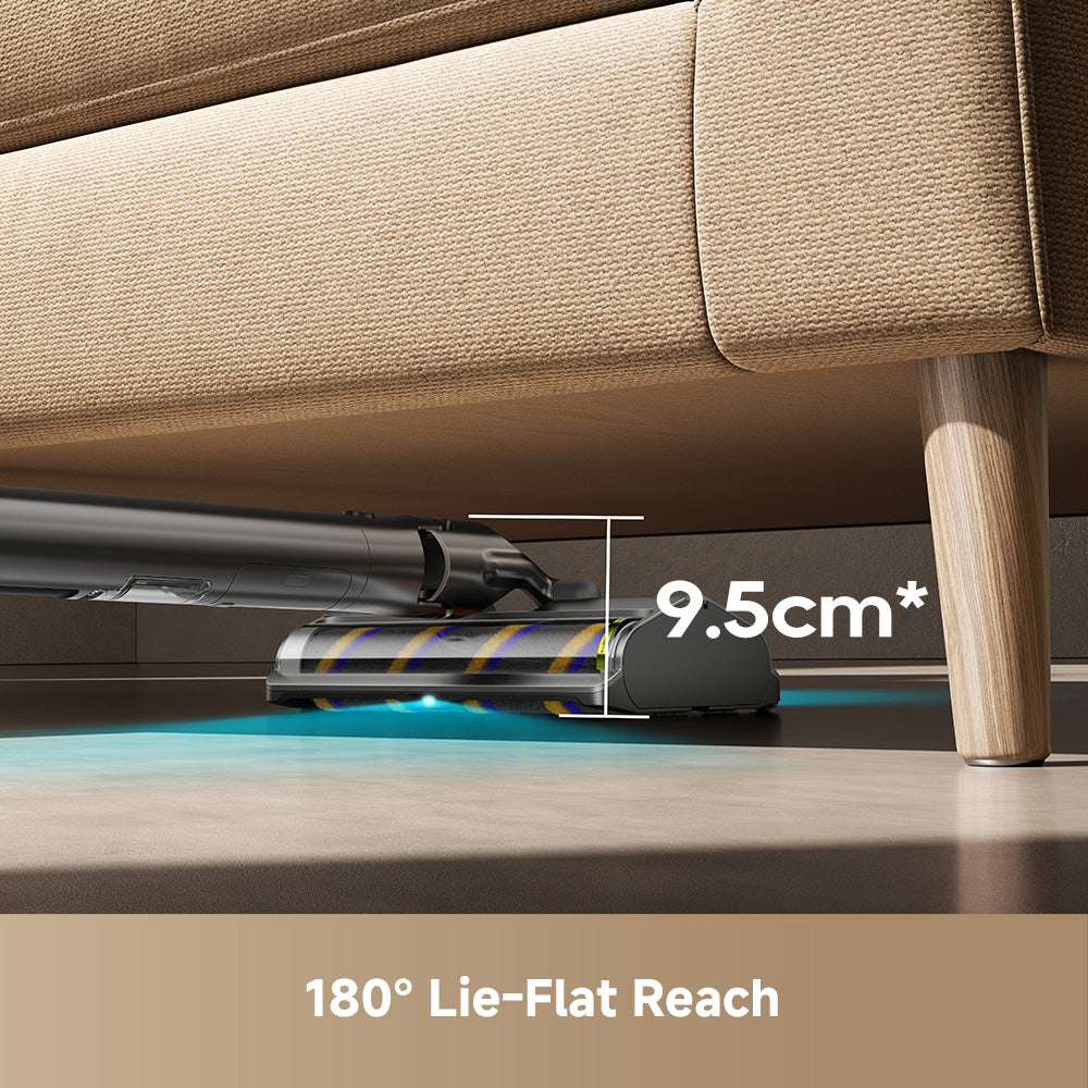 Gray cordless vacuum cleaner with floor brush attachment for low-clearance cleaning