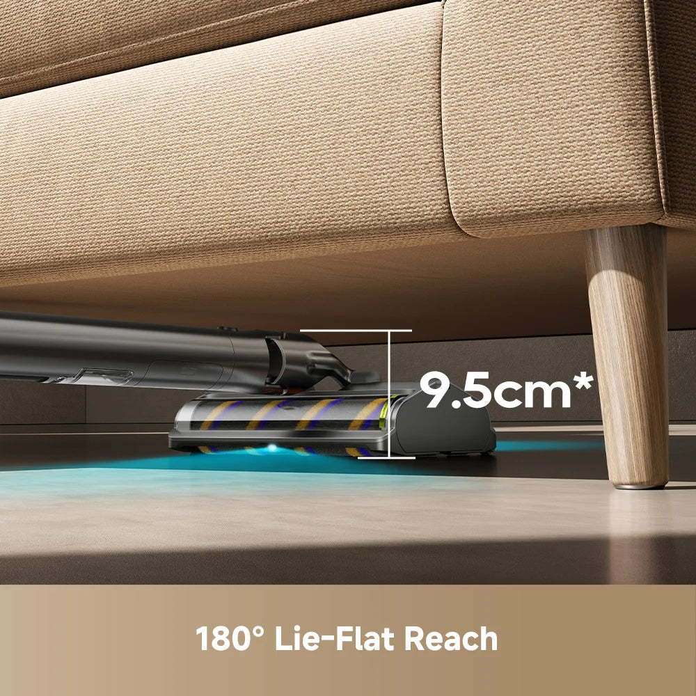 Dreame cordless vacuum floor brush gliding under furniture for low cleaning