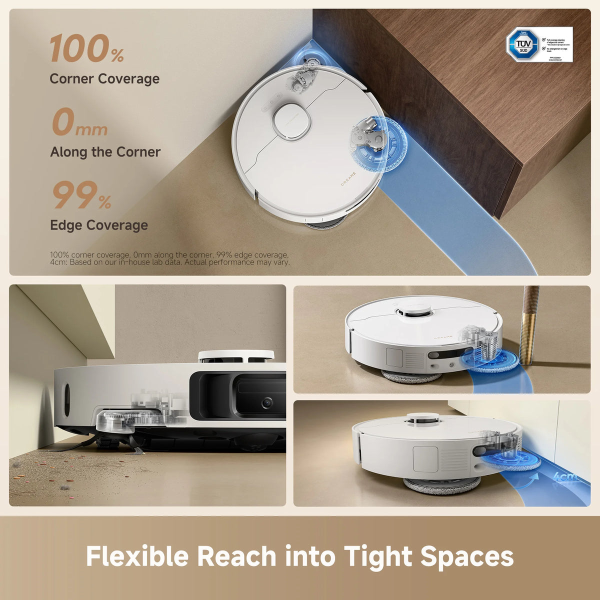 White robot vacuum on floor with blue navigation light path