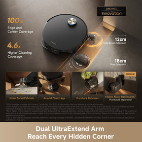 Robot vacuum on floor with side brush extension for edge and corner cleaning