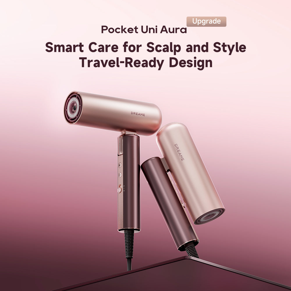 Pocket hair dryer set with rose-gold main unit and compact folding handle