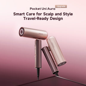 Pocket hair dryer set with rose-gold main unit and compact folding handle