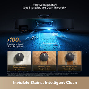 Dreame X60 Ultra robot vacuum with blue proactive front illumination and cleaning path