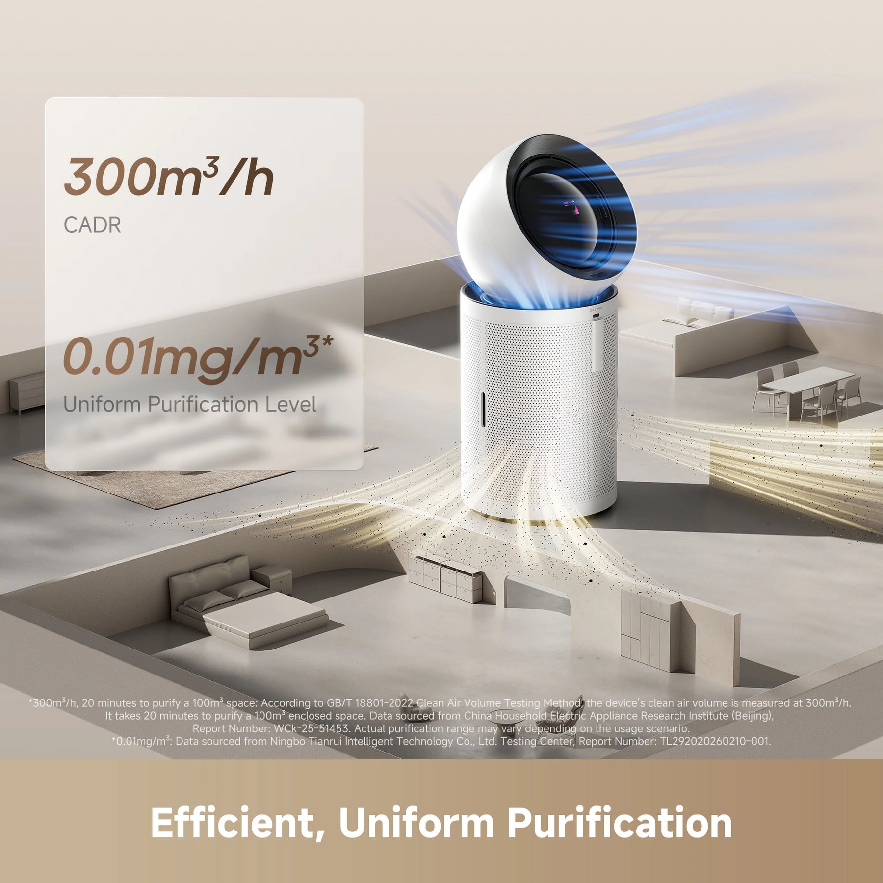 White air purifier with dark top featuring an illustrated airflow plume beside it.
