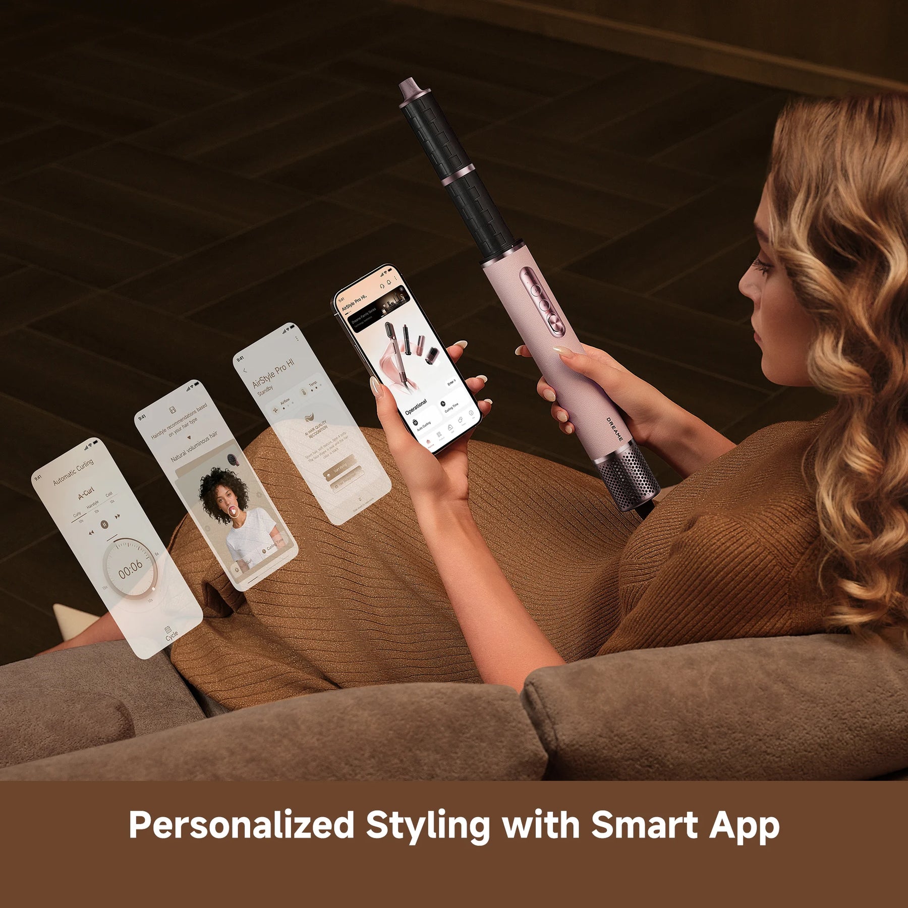 Rose-gold hair styler with smartphone app controls shown near the device