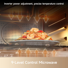 Microwave steam oven interior with food on the glass tray and control panel edge