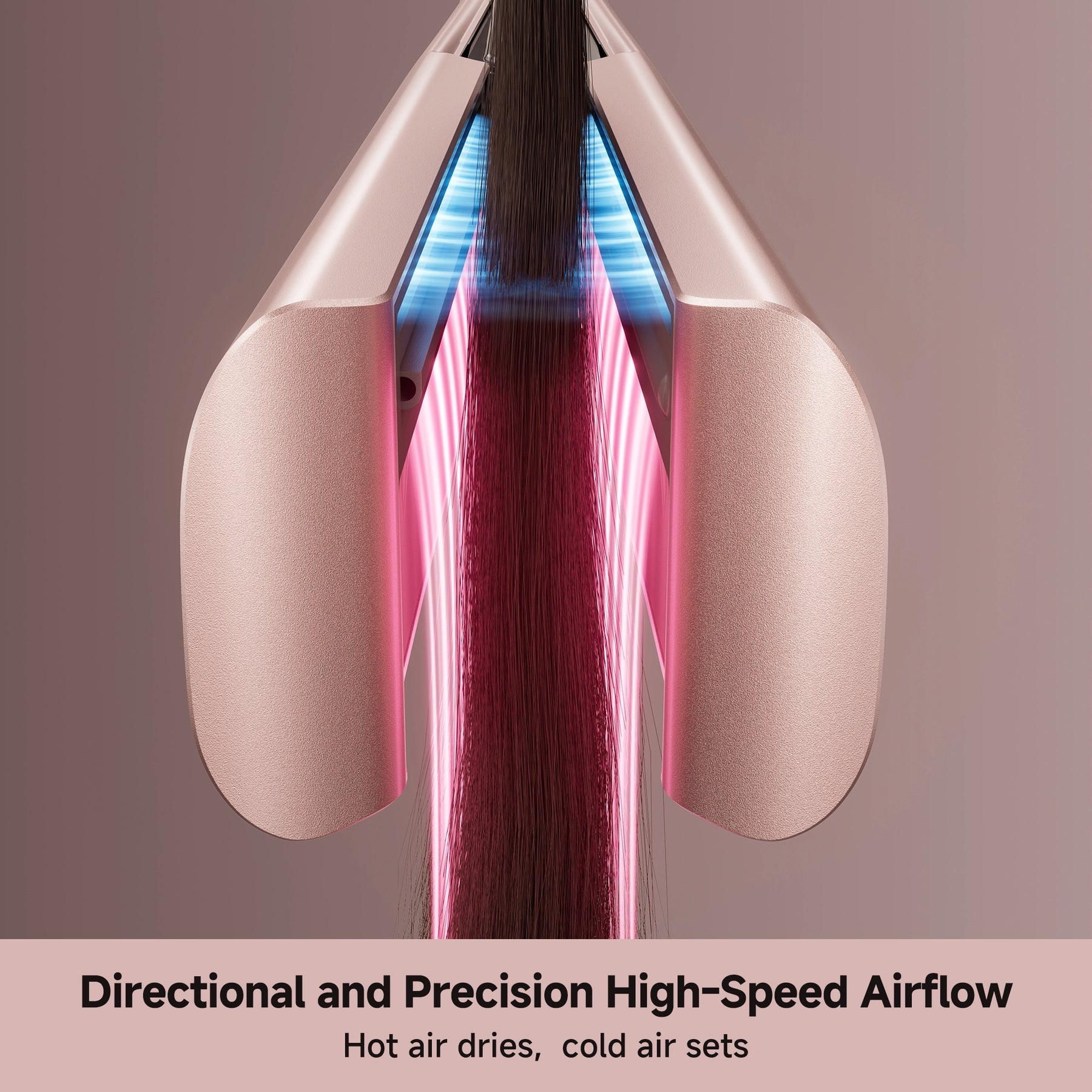 Close-up: rose-gold air straightener with airflow channels between plates