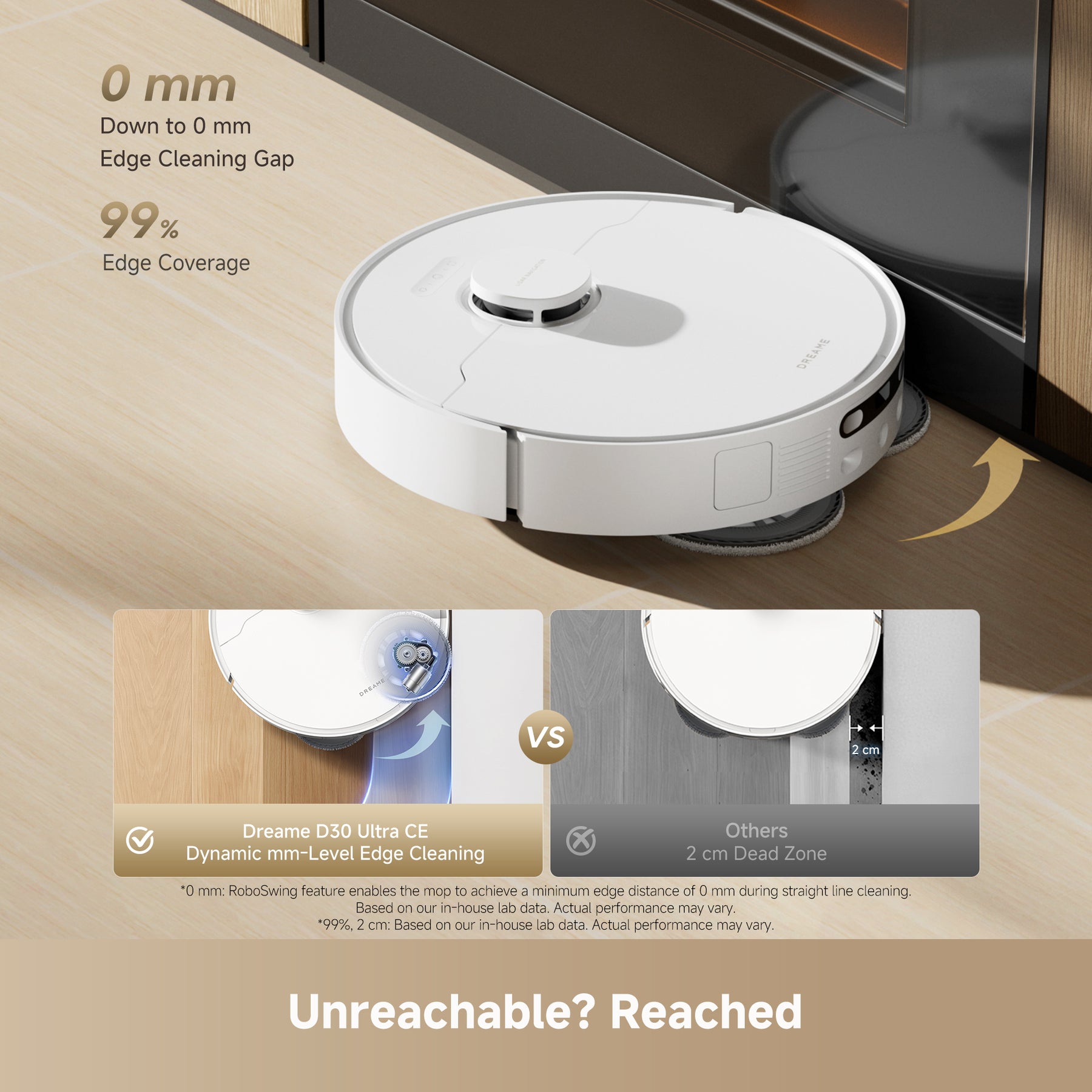 White robot vacuum gliding along a floor edge next to a wall