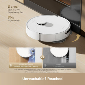White robot vacuum gliding along a floor edge next to a wall