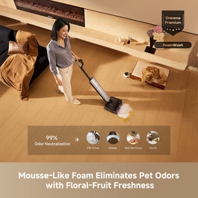 Wet/dry vacuum cleaner with floor brush head dispensing cleaning foam