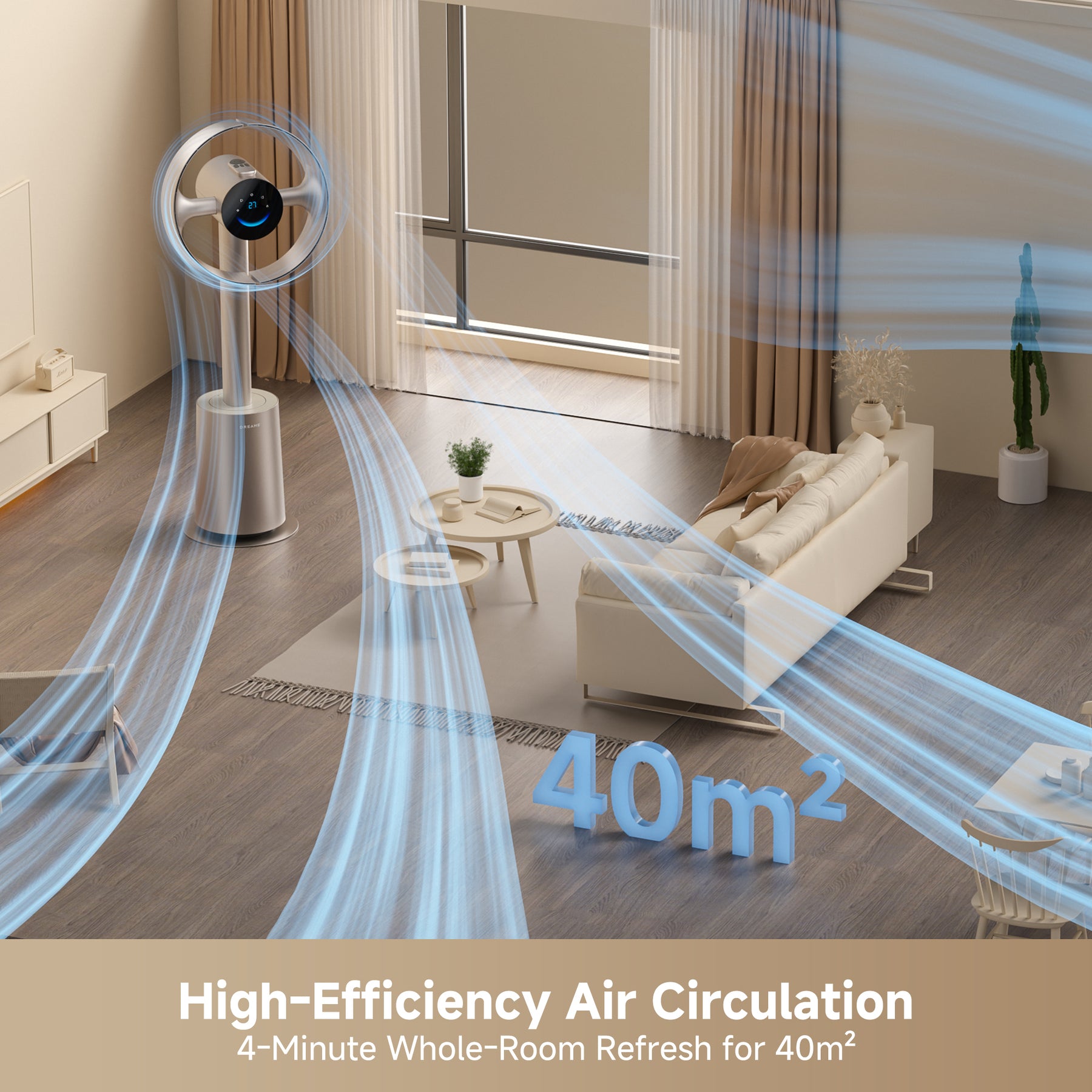 Bladeless Standventilator mit Luftstromlinien für 40m² Reichweite und rundem Luftauslass