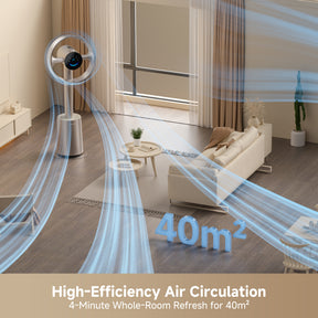 Bladeless Standventilator mit Luftstromlinien für 40m² Reichweite und rundem Luftauslass