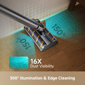 Gray cordless vacuum floor nozzle with rotating brush roll and glowing edge light