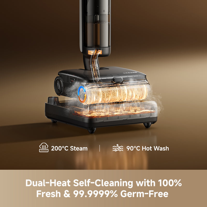 Steam wet dry vacuum self-cleaning base with steam and rotating roller