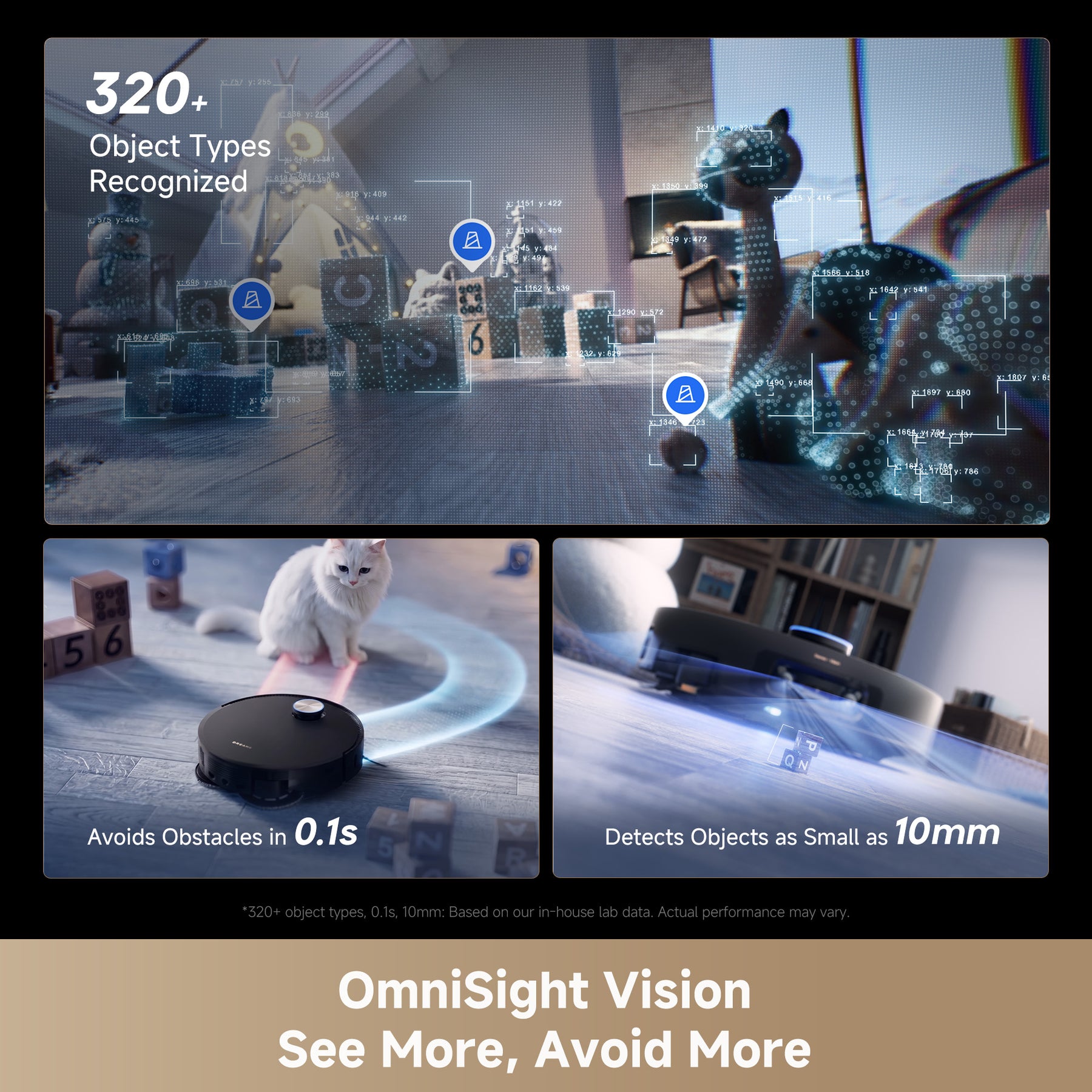 Robot vacuum navigating around objects, shown with sensors and obstacle-detection overlays