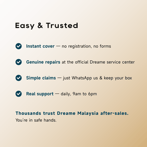 Warranty service benefits with checkmarks for instant cover and trusted support