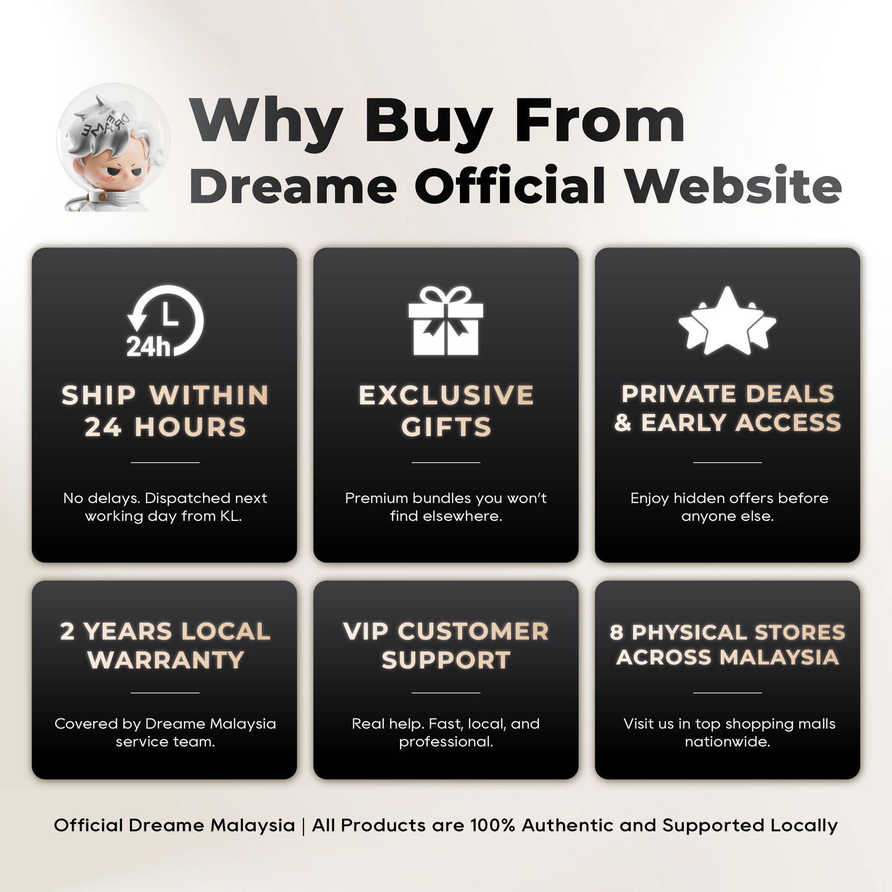 The image is an advertisement for a website called "DREAME Official Website". It features a cartoon character and highlights the website's features, such as 24-hour shipping, exclusive gifts, private deals, and early access. The website is supported by DREAME Malaysia, and all products are 100% authentic and locally sourced.