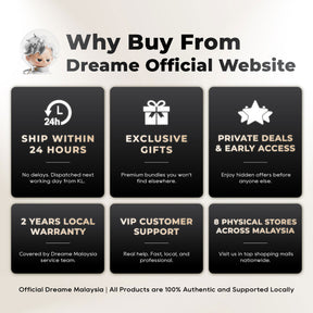 The image is an advertisement for a website called "DREAME Official Website". It features a cartoon character and highlights the website's features, such as 24-hour shipping, exclusive gifts, private deals, and early access. The website is supported by DREAME Malaysia, and all products are 100% authentic and locally sourced.