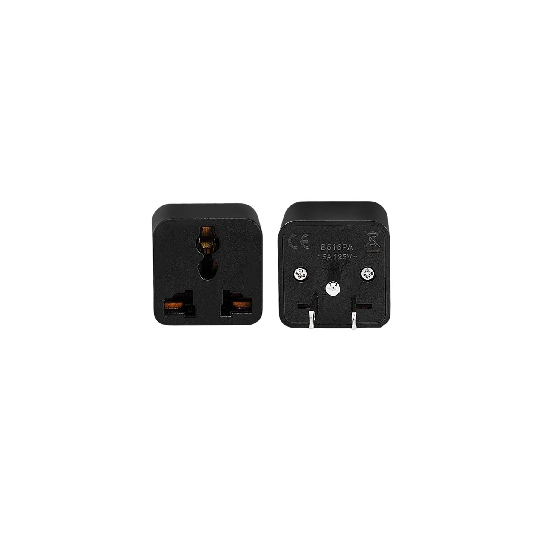 Black travel adapter with gold-colored contacts and multiple outlet plug options