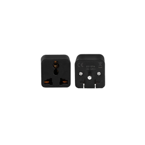 Black travel adapter with gold-colored contacts and multiple outlet plug options