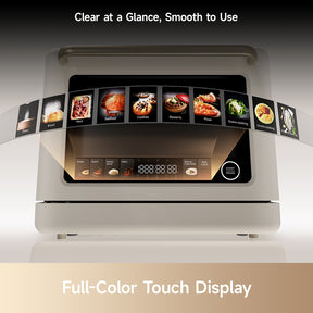 Combi microwave steam oven front view with program icons and full-color touch display