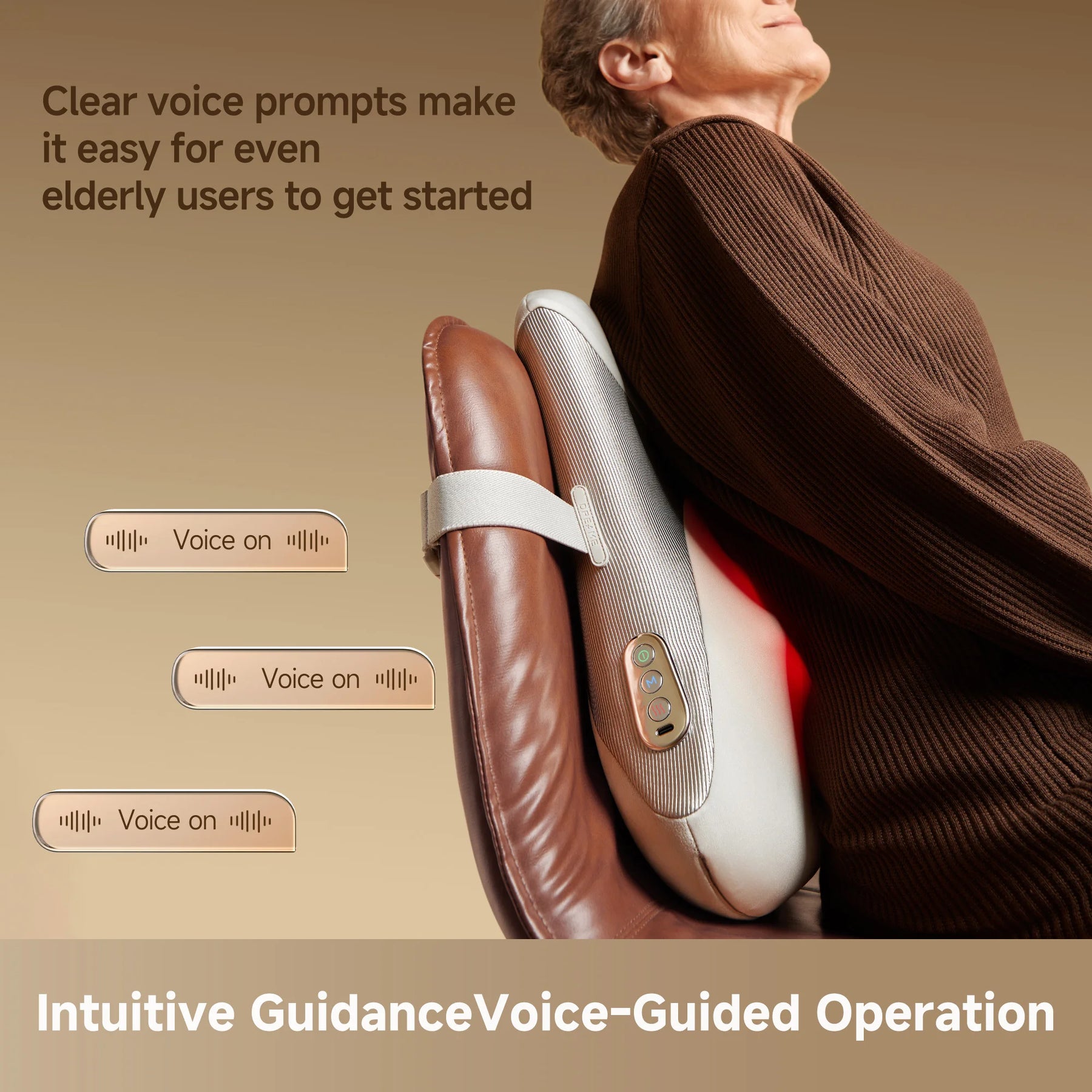 Voice-guided back and waist massager cushion pressed against a seated person