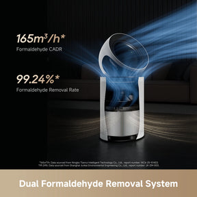 White air purifier with dark top and lit interior, shown with airflow over the unit.