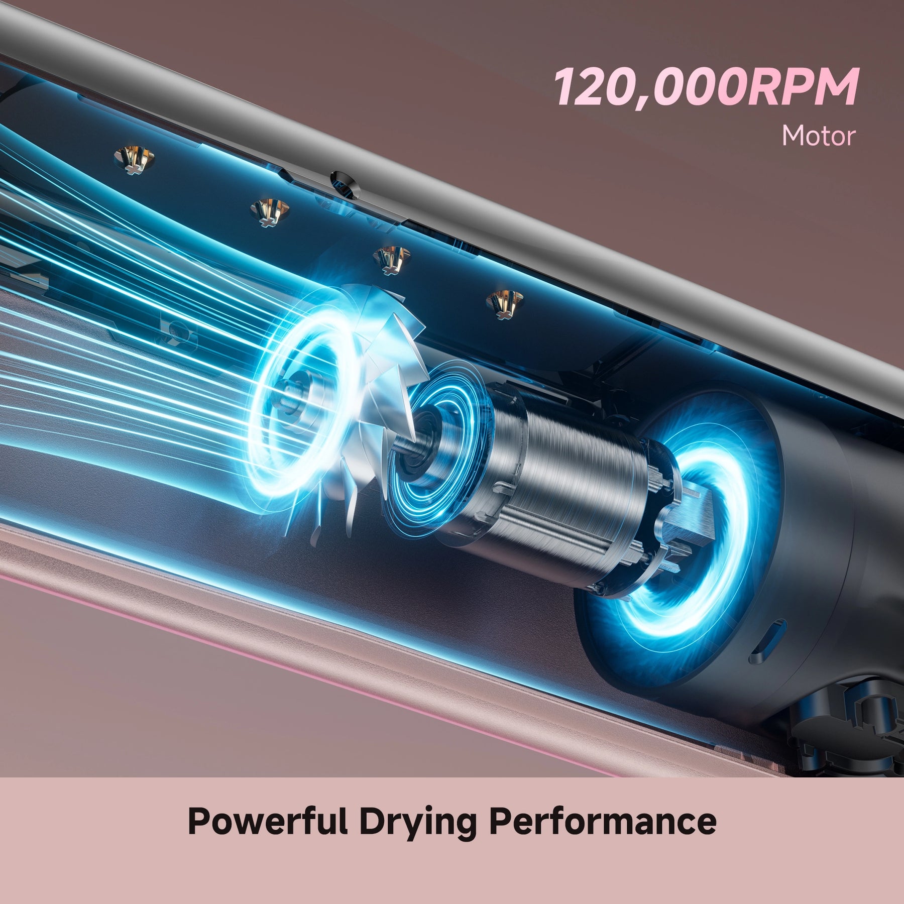 Air straightener close-up showing motor and airflow inside rose-gold body