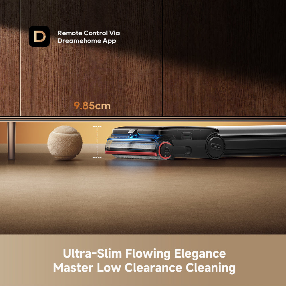 Compact wet/dry vacuum with slim base and dual-roller floor brush, dark and silver